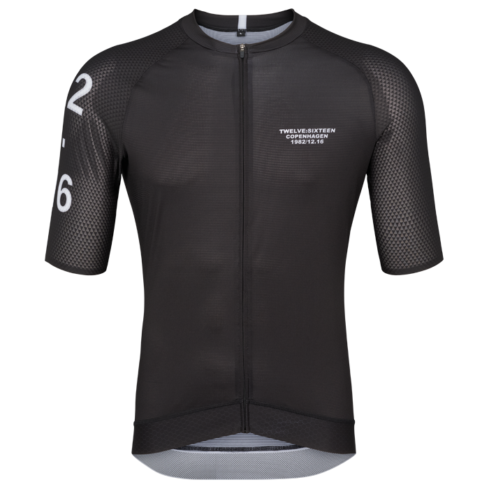 Black cycling jersey with TwelveSixteen branding on
