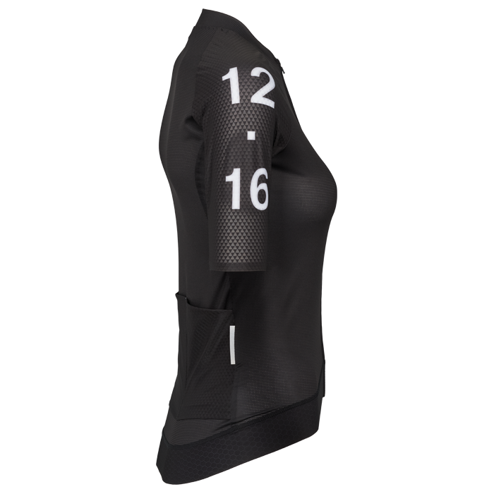 Black cycling jersey with white numbers on 