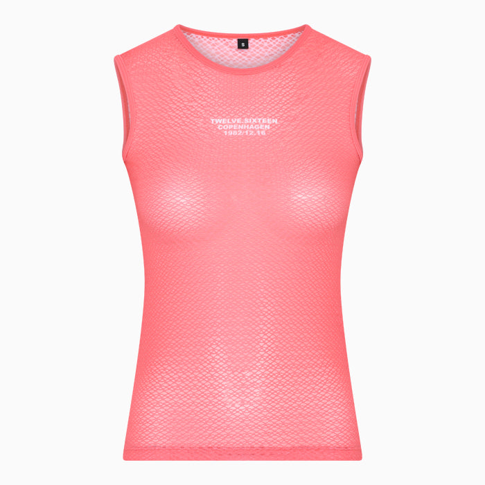 Pink sleeveless athletic top with a brand logo TwelveSixteen