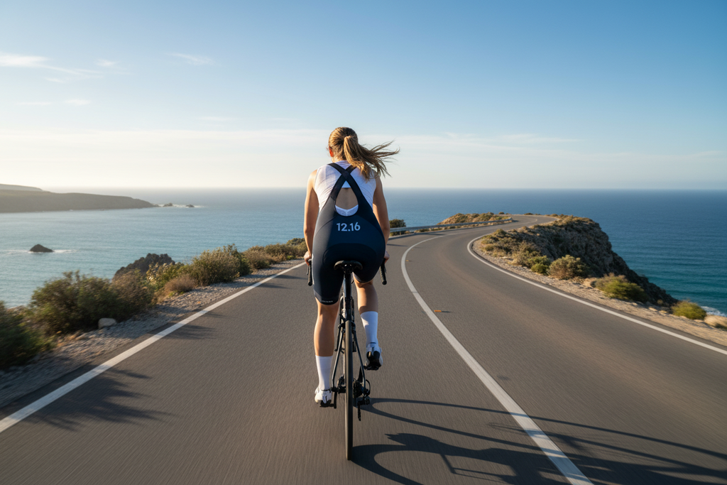Person cycling on a road with ocean view