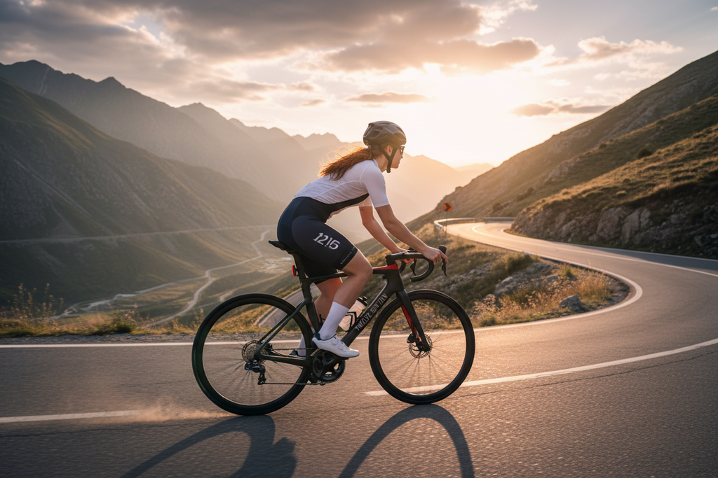 Person cycling on a mountain road during sunset