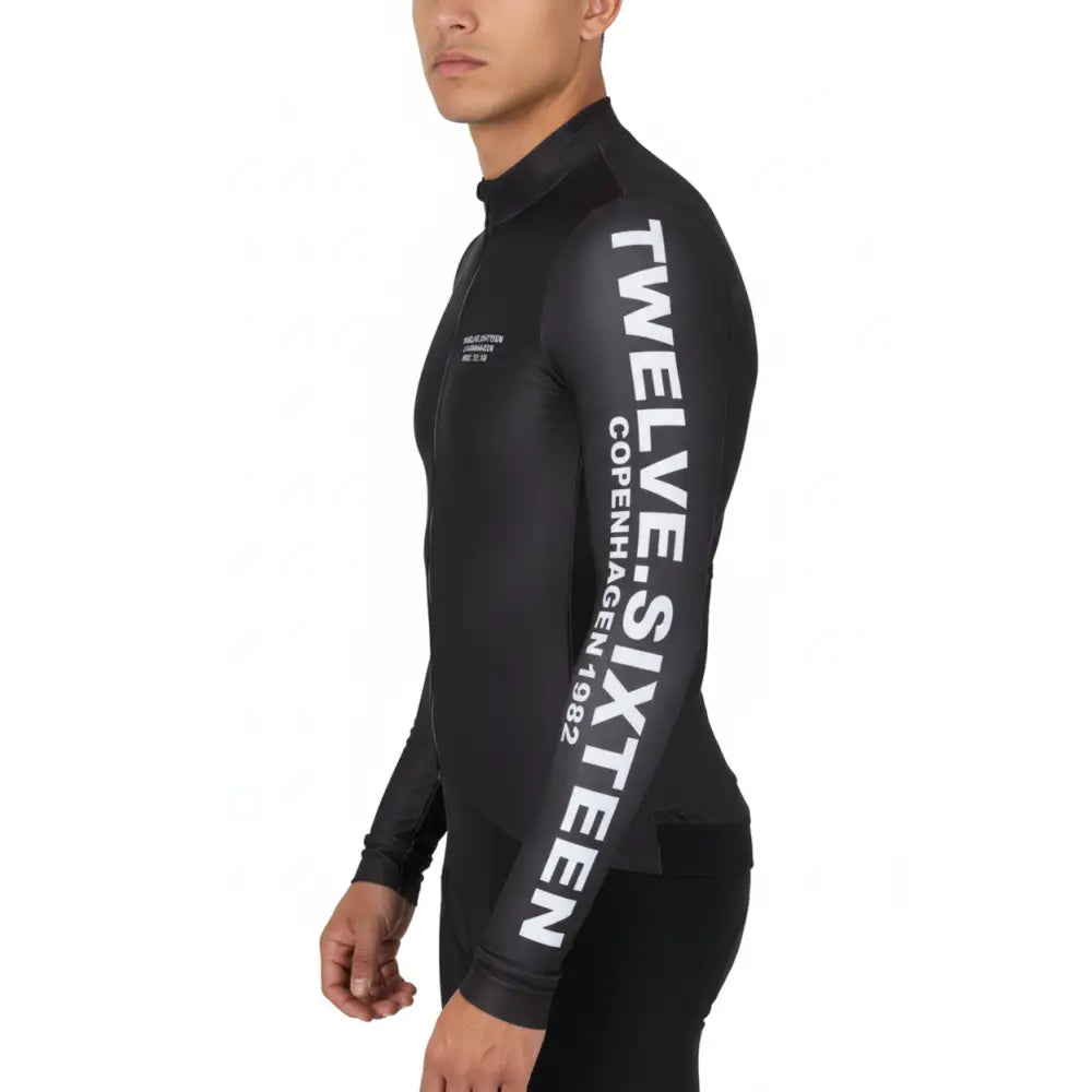 Black cycling jersey with 'Twelve-Sixteen Copenhagen 1982' branding