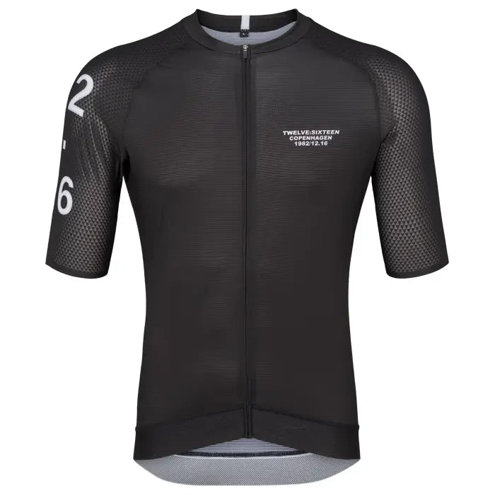 Black cycling jersey with TwelveSixteen branding on