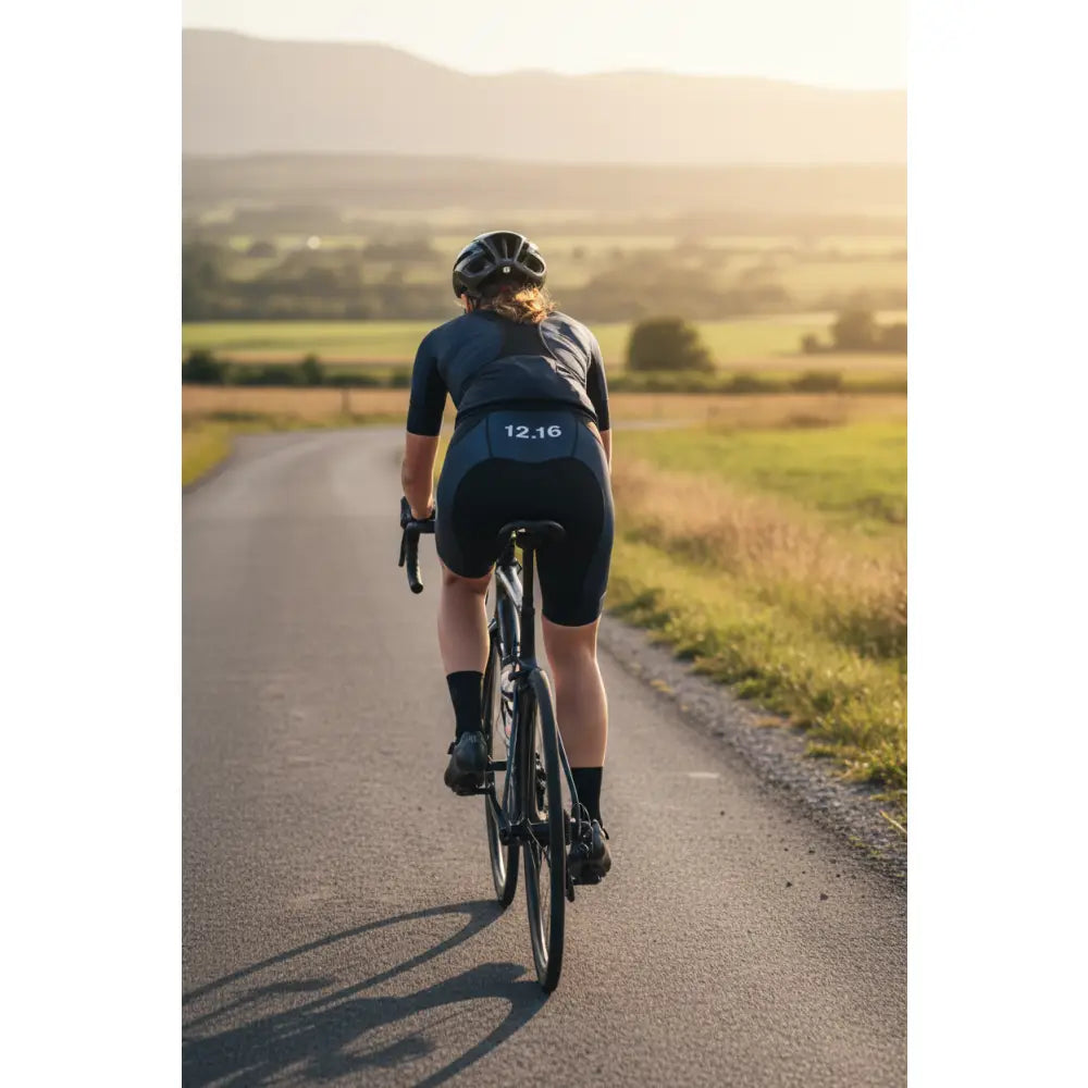 Person cycling on a road with a scenic background