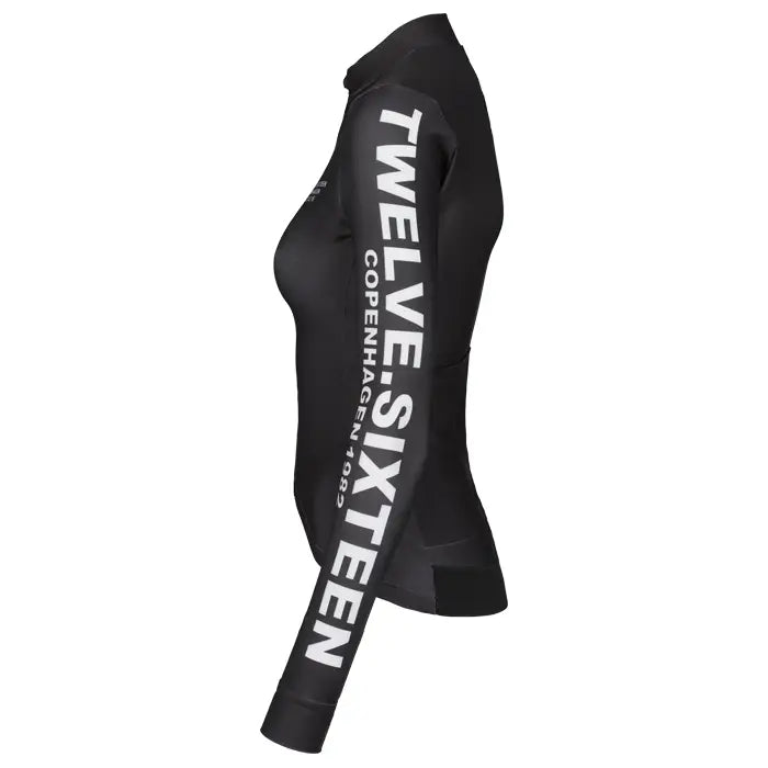 Black cycling jersey with 'Twelve Sixteen Copenhagen' branding 