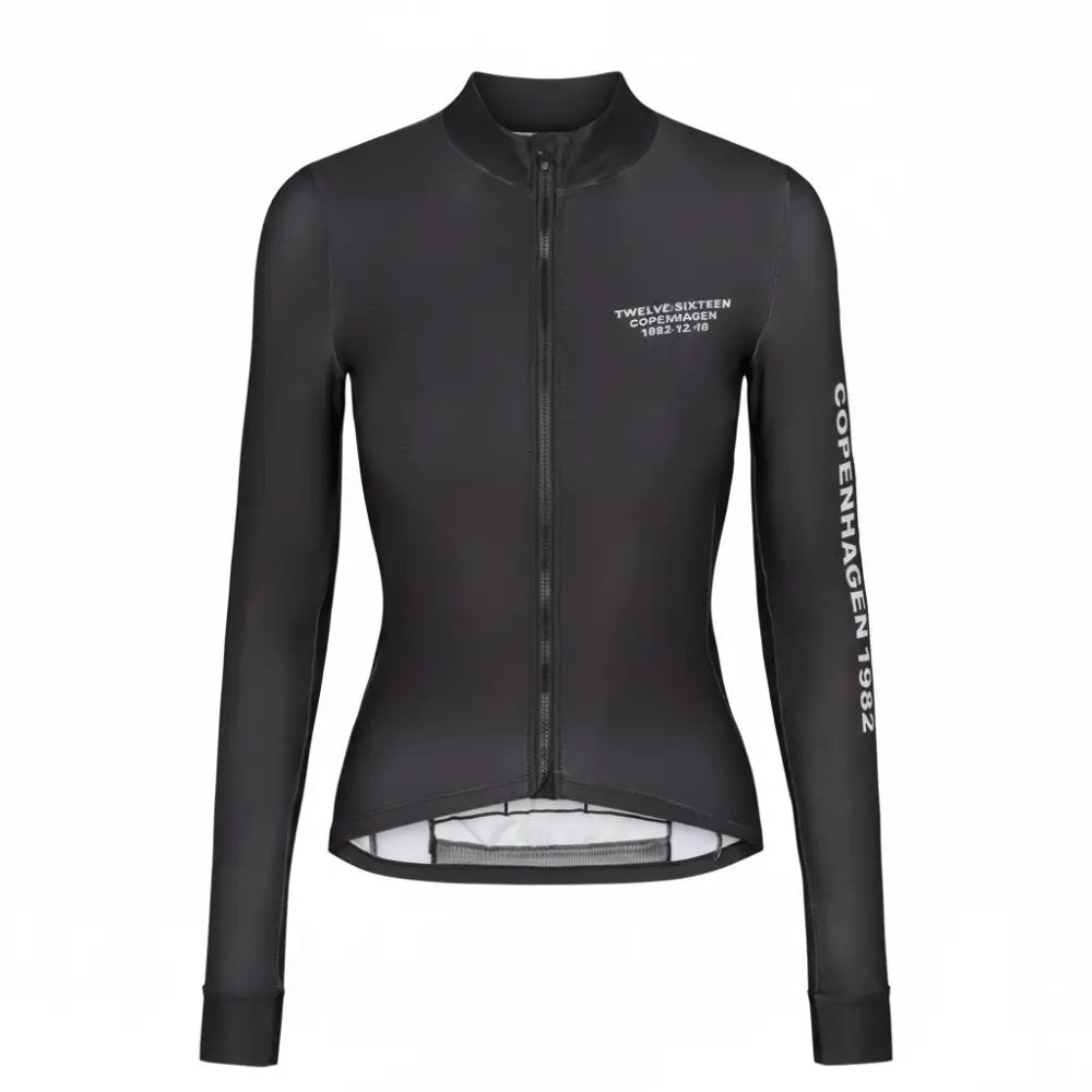 Black cycling jersey with visible branding 
