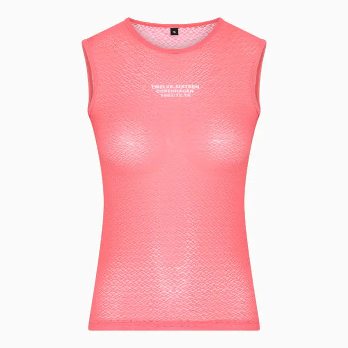 Pink sleeveless athletic top with a brand logo TwelveSixteen