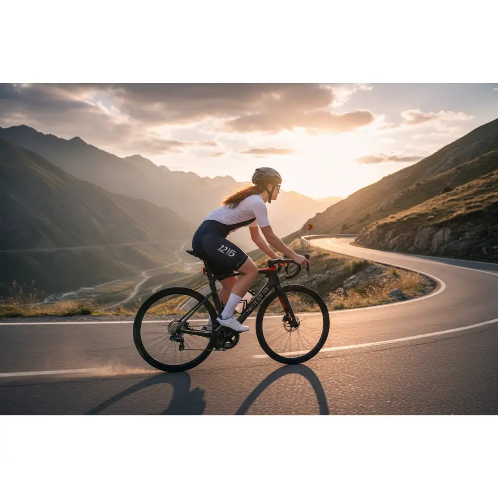 Person cycling on a mountain road during sunset